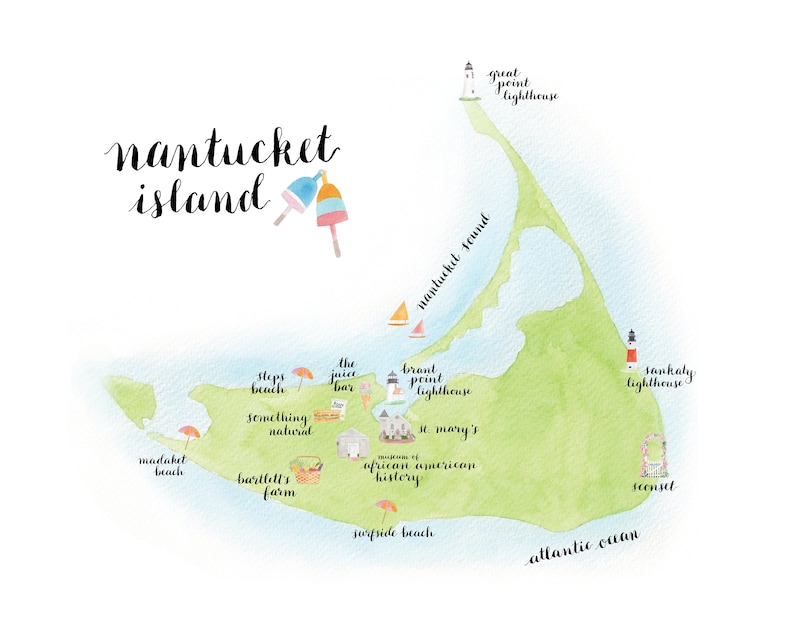 Nantucket Island Map Watercolor Print - Etsy