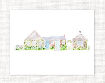 Rose Cottage Row Watercolor Print Notecards