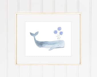 Hydrangea Whale Watercolor Print