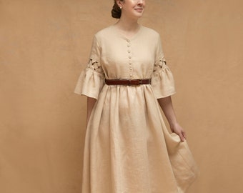 Gotowy do wysyłki | Rozmiar XS-L, Meg'23 Sukienka oversize w kolorze brudnej wody z krótkimi rękawami, lniana sukienka