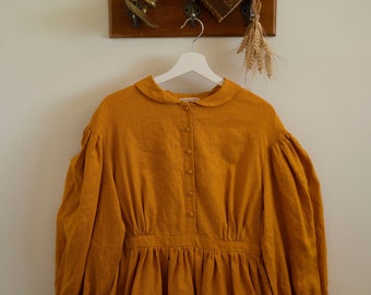 Ready to Ship | Meg Dress in Mustard with long sleeves, Linen Dress