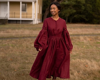 Ready to Ship | The Meg’23 Dress in Forest Green with long sleeves, Size S, Linen Dress