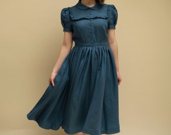 Ready to Ship | Amy Dress in Denim Blue with short sleeves, Size S/M, Linen Dress