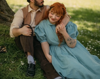 Ready to Ship | Meg Dress in Dusty Aqua with short sleeves, Size L, Regular, Linen Dress