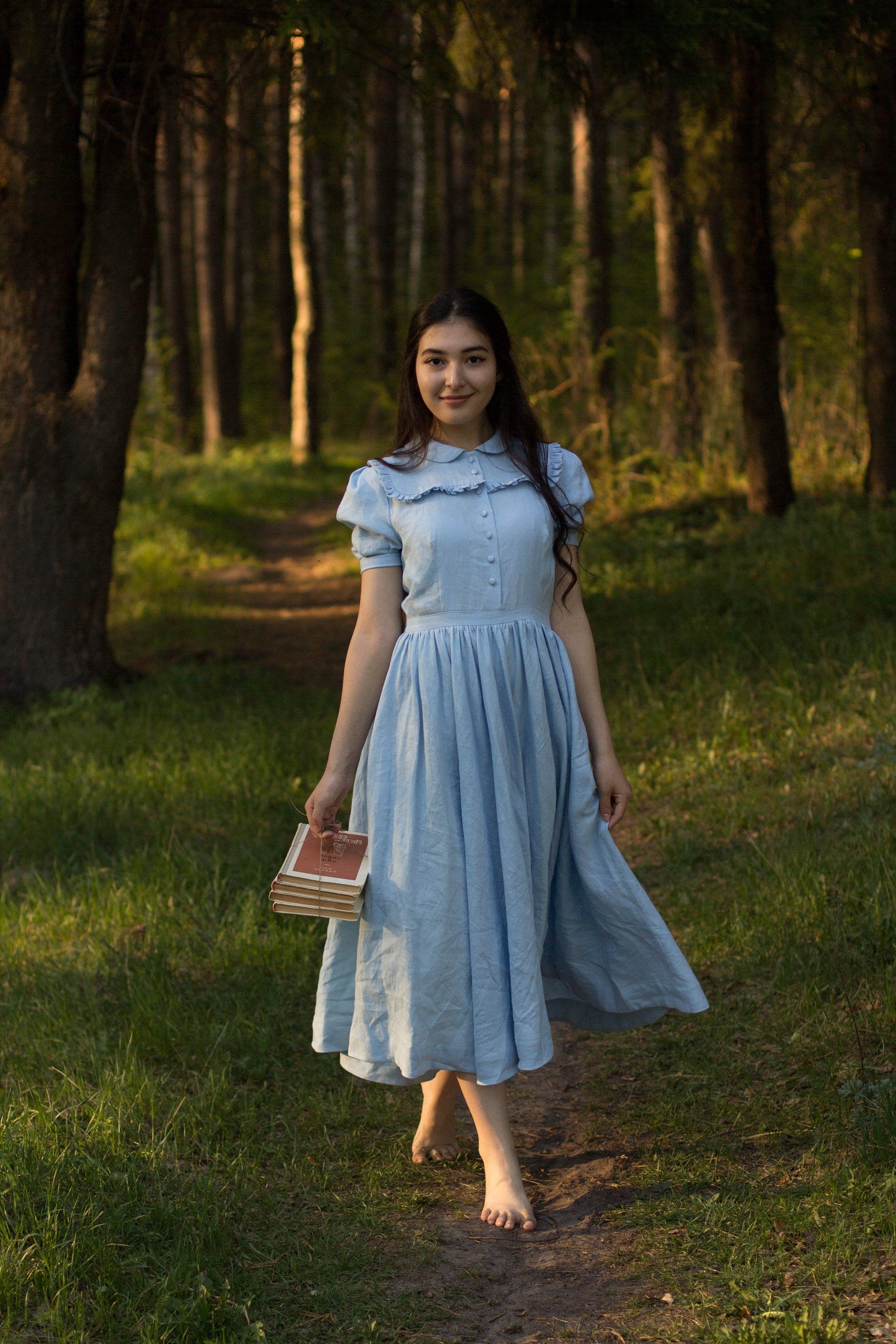 blue and white linen dress