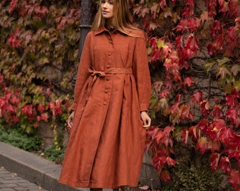 Ready to Ship | Loose Fit Linen Coat in Rust, Size L/XL