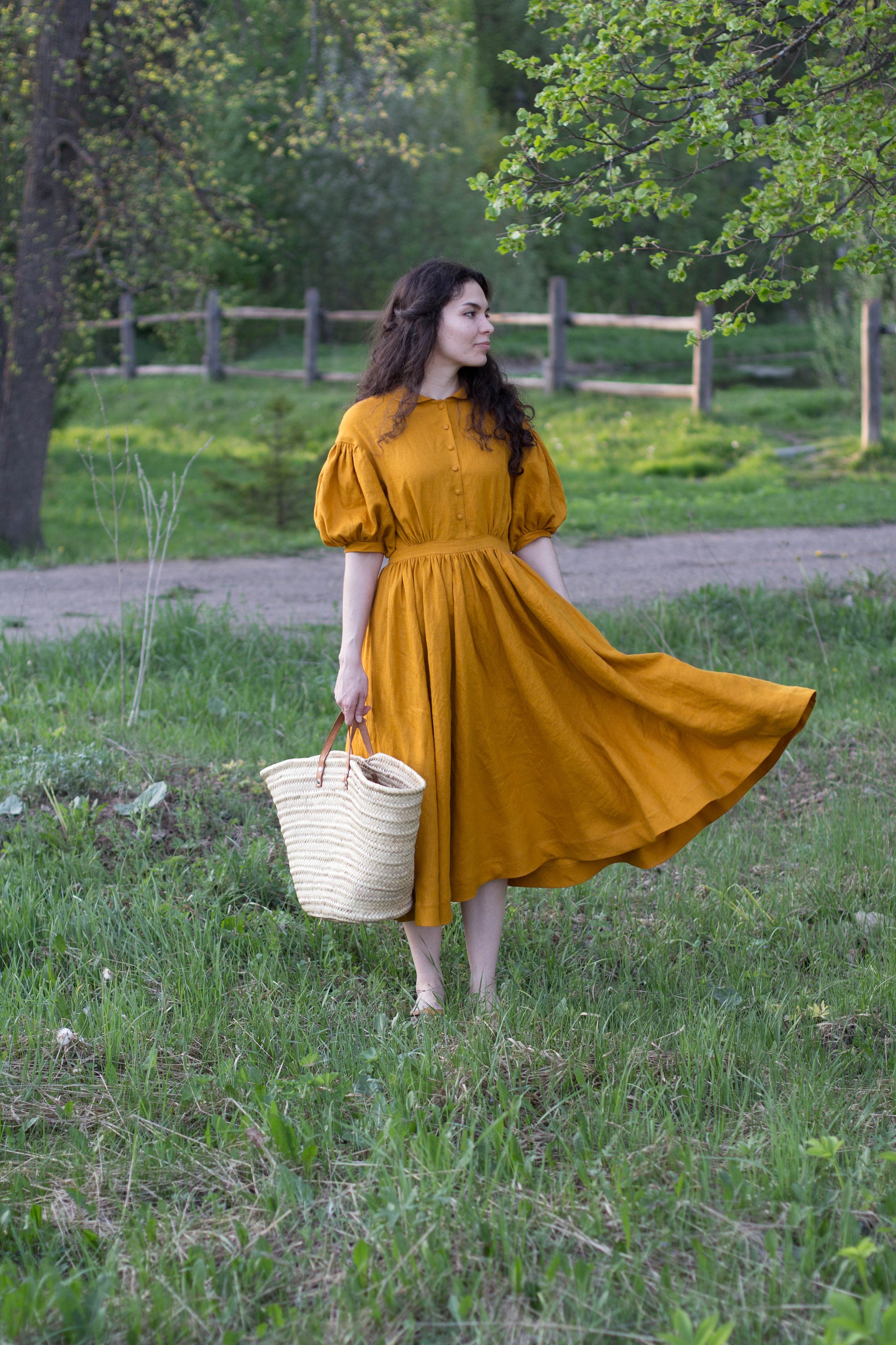 Meg Dress in Mustard with short sleeves Linen Dress | Etsy