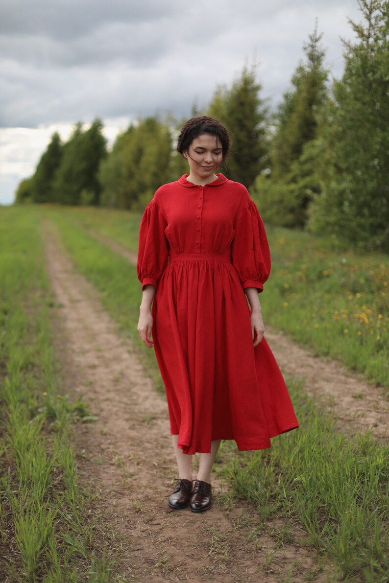 Meg Dress in Red with sleeves 3/4 Linen Dress | Etsy