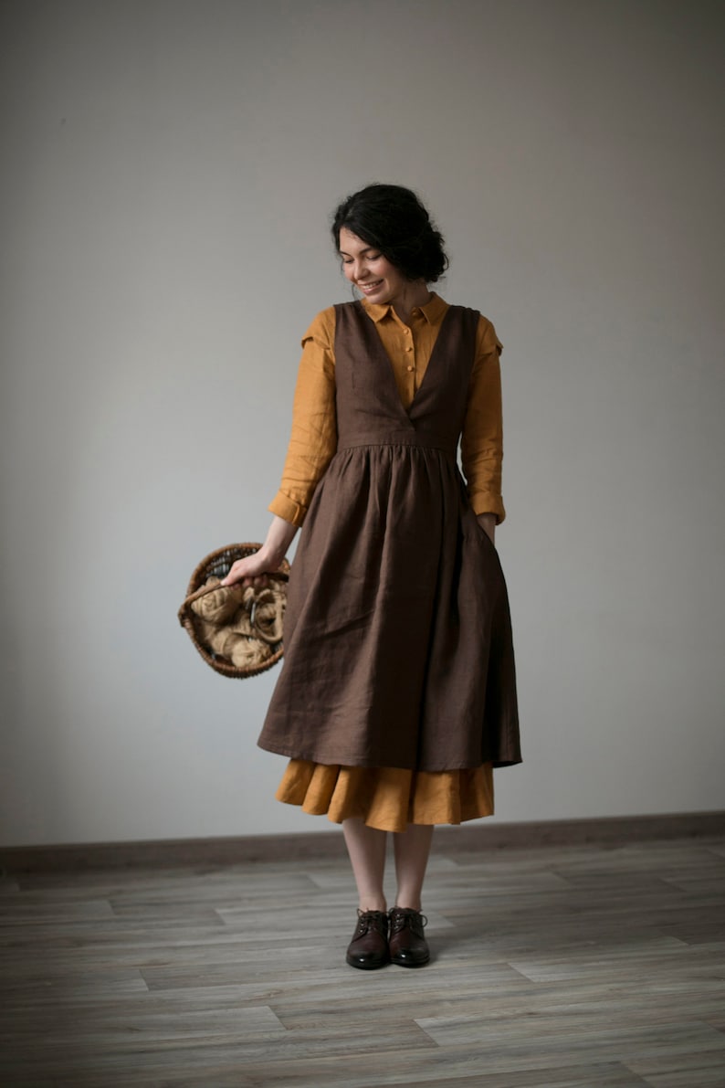 Vintage Aprons, Retro Aprons, Old Fashioned Aprons & Patterns Jo pinafore in Chocolate Linen apron $159.00 AT vintagedancer.com