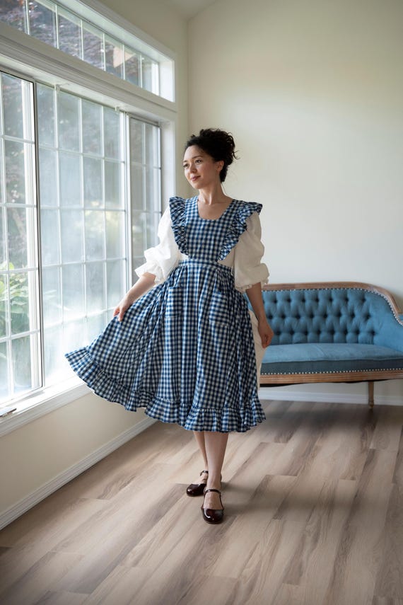 blue and white gingham pinafore dress SHEIN EZwear Women's New Gingham Pinafore Dress Sleeveless Backless Midi Dress For Summer