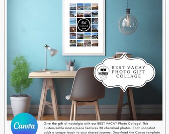 Travel Photo Collage Template Canva | Vacation Memory Poster Printable | Editable Photo Wall Art | Personalized Travel Gift 20 Photo Layout