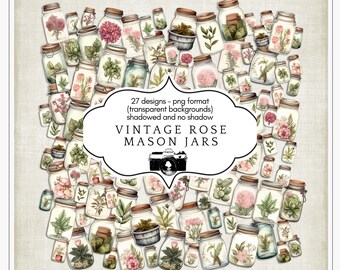 Vintage Rose Mason Jar Clipart PNG Bundle | Shabby Chic Floral Junk Journal Ephemera | Rustic Scrapbook Clip Art | Commercial Use