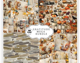 Junk Journal Mega Bundle Fall Scrapbook Kit, Thanksgiving Word Art, Vintage Farmhouse Ephemera, Autumn Harvest Gratitude Journal Clipart