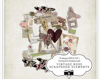 Vintage Rose Scrapbook Elements | Shabby Chic Digital Journaling Kit | Antique-Inspired PNGs for Digital Scrapbooking & Junk Journals