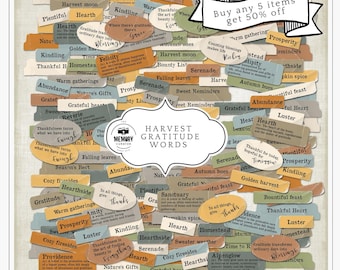 Autumn Harvest Thanksgiving Word Art | Gratitude Junk Journal Ephemera | Fall Scrapbooking Word Fetti | Farmhouse Chic Clipart