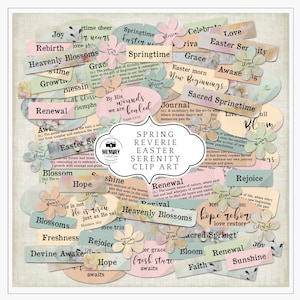 May include: A collection of digital scrapbook paper featuring pastel colors and floral designs. The paper includes words and phrases related to spring, Easter, and renewal, such as "Springtime", "Easter Serenity", "Heavenly Blossoms", "Renewal", and "Hope".