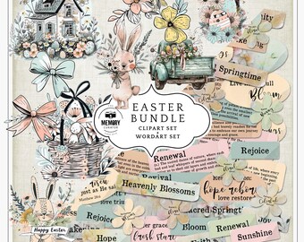 Easter Clipart and Word Art Bundle – Pastel Spring Digital Graphics for Junk Journals, Scrapbooks, Cards & Crafts Coquette PNG Shabby Chic
