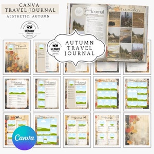Autumn Travel Journal photo book template with travel prompts, Fall Travel, Vacation Photo Book, Canva template Travel photobook