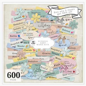 May include: A collection of pastel-colored word bits with floral and bow accents. The words include "Adored," "Peekaboo," and "Snapshot." The image also features the text "Blissful Baby Word Bits" and "Buy any 5 items get 50% off."