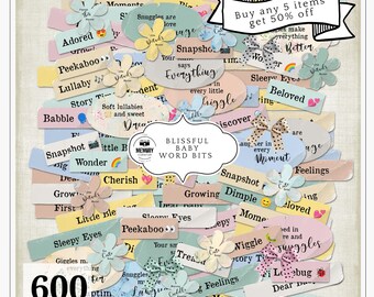 Blissful Baby Word Bits PNG Bundle | Shabby Chic Baby Word Art | Pastel Scrapbook & Junk Journal Phrases | Baby Memory Keeping Ephemera