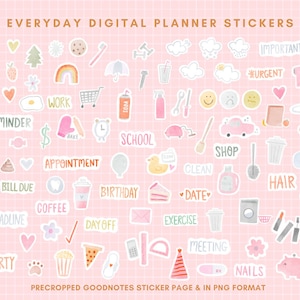 Puede incluir: Un conjunto de 40 pegatinas digitales para planificadores con diversas ilustraciones, que incluyen un arcoíris, una taza de café, un pastel de cumpleaños, un carrito de compras, una campana escolar, un secador de pelo, un cepillo de inodoro, un cupcake, una flor, una estrella, un corazón, una nube, un sol, un árbol, un cepillo de dientes, un paraguas, un vaso de agua, una llave inglesa, una cara sonriente, una cara triste, un coche rojo, un cubo de basura, una nota musical, una marca de verificación, una rebanada de pizza, un cubo de palomitas de maíz, una huella de pata, una calculadora, un transportador, un gorro de fiesta, un frasco de esmalte de uñas, un cerdo, un emoji de caca, una factura, una fecha límite, un recordatorio, un guante de trabajo, un reloj, una cita, una fecha, un símbolo de ejercicio, un letrero de tienda, una reunión y uñas. Las pegatinas están sobre un fondo de cuadrícula rosa.