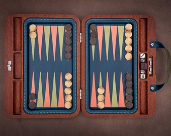 Purple Heart & Leather Travel Backgammon Set: Handmade Wooden Board Game