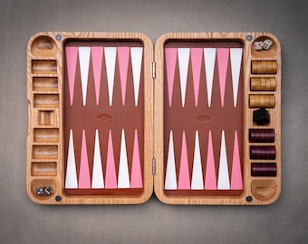 Walnut & Red Oak Leather Travel Backgammon Set: Wooden Board Game