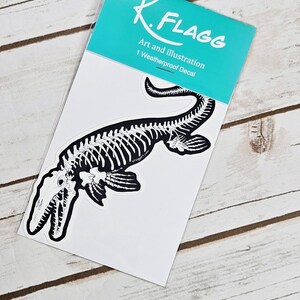 May include: A black and white weatherproof decal of a plesiosaur skeleton. The decal is packaged in a clear plastic sleeve with a turquoise backing card that reads "K. Flagg Art and Illustration 1 Weatherproof Decal".