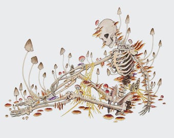 Human Skeleton Growing Mushrooms 13x19 Fine Art Print