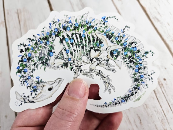 Parasaurolophus Skeleton and Blue Morning Glory Weather Proof Decal