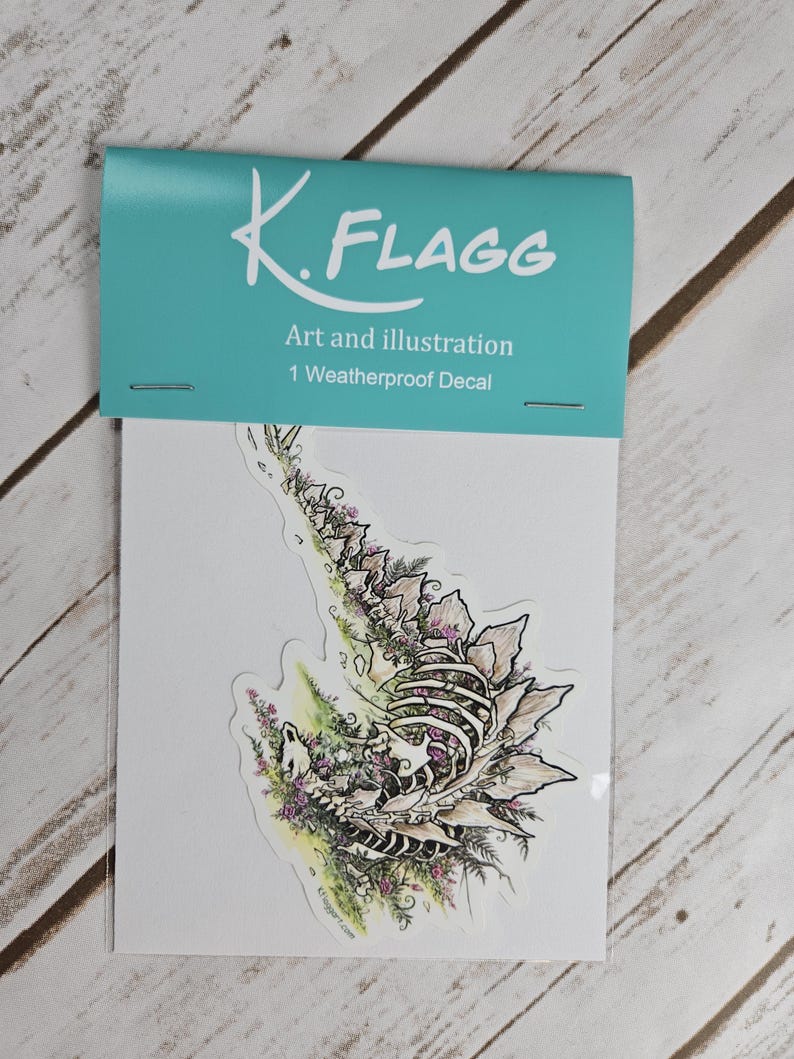 Pode incluir: Um decalque &agrave; prova de intemp&eacute;ries com uma ilustra&ccedil;&atilde;o detalhada de um esqueleto rodeado de flores e folhagem. O decalque &eacute; embalado em uma manga de pl&aacute;stico transparente com um cabe&ccedil;alho turquesa que diz "K. FLAGG Art and illustration 1 Weatherproof Decal".