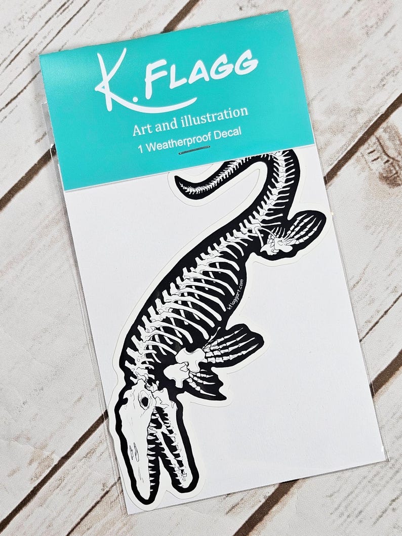 May include: A black and white sticker featuring a detailed illustration of a plesiosaur skeleton. The sticker is packaged in a clear plastic bag with a turquoise label that reads "K.FLAGG Art and illustration 1 Weatherproof Decal".