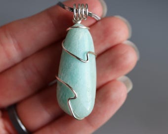 Amazonite Crystal Silver Wire Wrapped Necklace