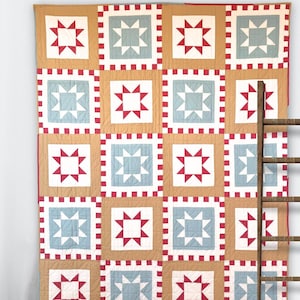 May include: A large, handmade quilt with a repeating pattern of squares. Each square features a star design in red or light blue against a white background, framed by a red border. The quilt is displayed against a wall.