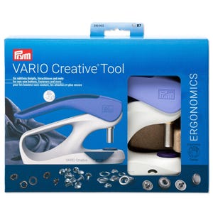 May include: A blue and white Prym VARIO Creative Tool kit for non-sew buttons, fasteners, and more. The kit includes the tool, various fasteners, and the text "VARIO Creative Tool". The tool has a blue handle and a white base.