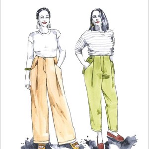 May include: A sewing pattern cover titled Mitchell No. 34 Trousers by Closet Core Patterns. The illustration features two figures wearing high-waisted trousers, one in light tan wide-leg pants and the other in lime green tapered pants with a side buckle.