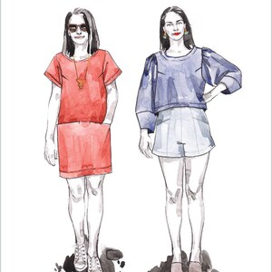 May include: Watercolour illustration of two outfits. One is a red dress with pockets, the other a blue top and shorts. Text reads "CIELO" and "Rome Collection No. 20 TOP & DRESS". The brand name "Closet Core PATTERNS" is also visible.
