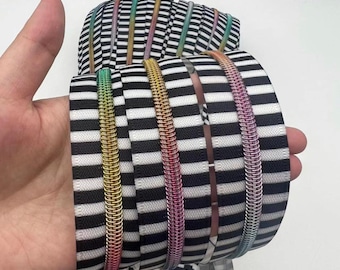 Black/White Stripe with Rainbow Teeth Continuous Zipper Tape