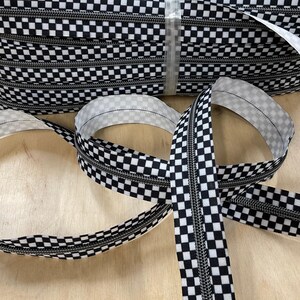 Black and White Checkerboard with Black Teeth Continuous Zipper Tape