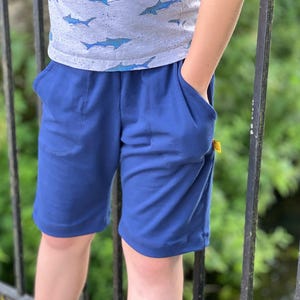 May include: A pair of blue shorts with pockets. The shorts are made of a soft, comfortable fabric.