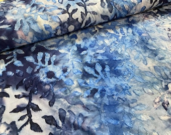 Blue Tie Dye Digital Leaves Poly Viscose Stretch Fabric