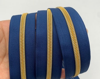 Navy / Gold Teeth Continuous Zipper Tape or 3 Metres