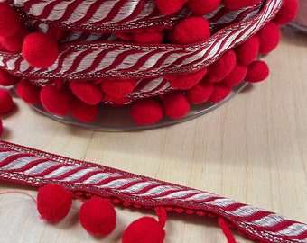 Ruban Pom Pom Rouge et Blanc 10mm