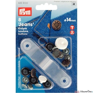 May include: A pack of 8 rustproof jeans buttons in a clear plastic container. The buttons are 14mm in diameter and have a bronze finish. The pack also includes a piece of denim fabric.