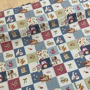 May include: A patchwork fabric with farmyard motifs. The squares display tractors, geese, carrots, and watering cans. The design incorporates red, blue, green, and white, creating a charming, rustic aesthetic. The fabric is suitable for various craft projects.