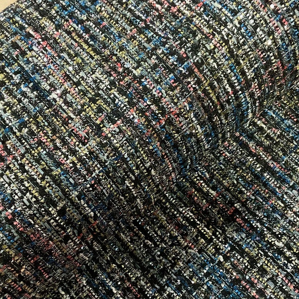 Tissu d'Enduction Style Tweed Glitter Noir, Bleu et Rose