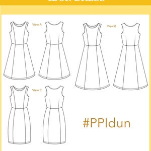 Op de afbeelding: Een diagram van de "IDUN DRESS" in geel en wit. De afbeelding toont verschillende aanzichten van de jurk, gelabeld met A, B en C. De hashtag #PPIdun is ook zichtbaar.