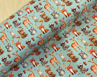 SALE Retro Woodland Animals Cotton Jersey Fabric