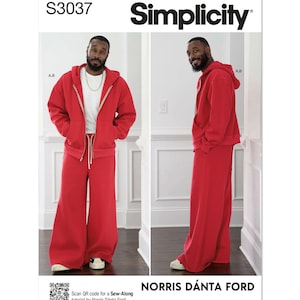 Könnte beinhalten: Ein Nähmuster für einen roten Kapuzenpullover und eine passende weite Hose. Das Muster ist für ein Kapuzenpullover- und Hosenset für Herren. Das Muster stammt von Simplicity und wurde von Norris Dánta Ford entworfen.