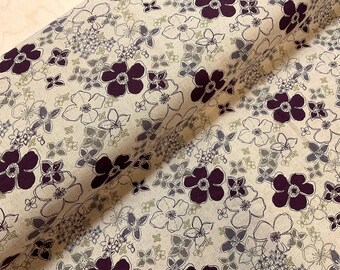 Plum Flowers on Natural Linen and Viscose Blend